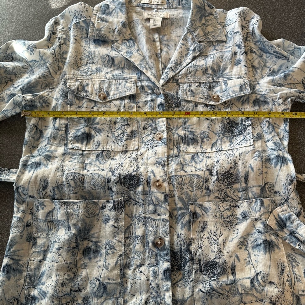 Rachel Zoe 100% Linen Blue Toile Safari Animal Print Belted Safari Jacket Small - Picture 5 of 7